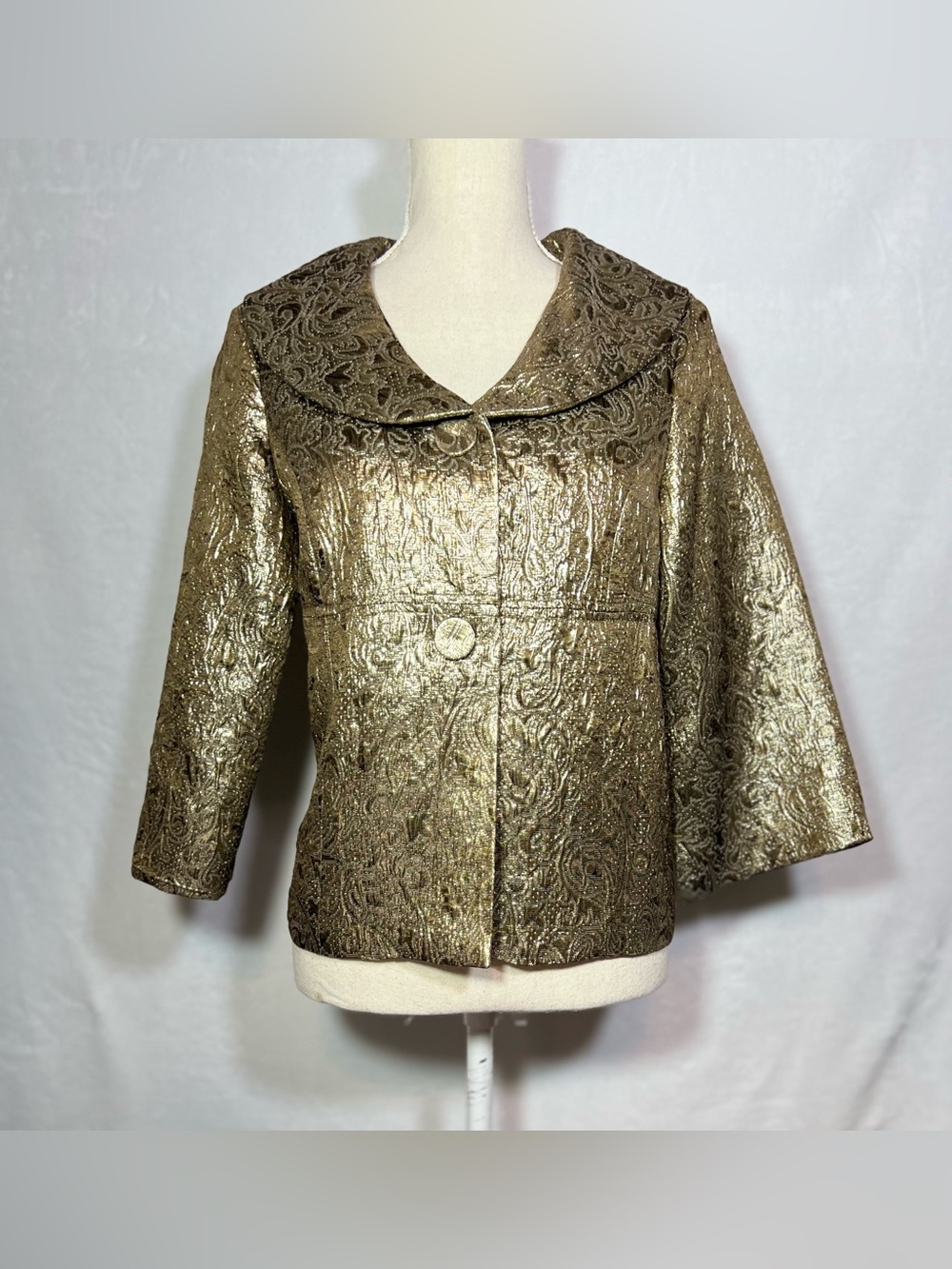 Elementz Gold Metallic Brocade Jacket Empire Waist Lined 3/4 Sleeve Size M - Picture 7 of 8